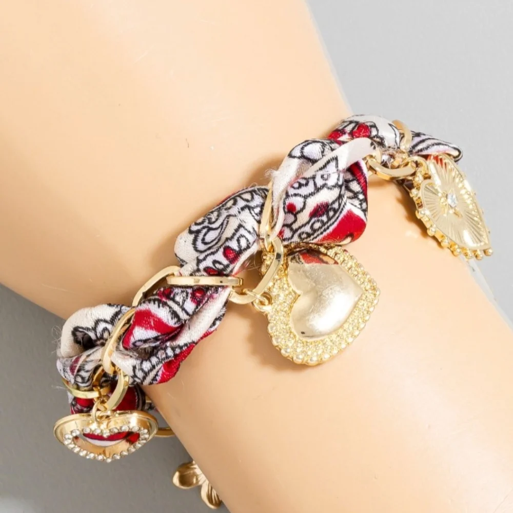 Heart Charm Braided Fabric Chain Bracelet